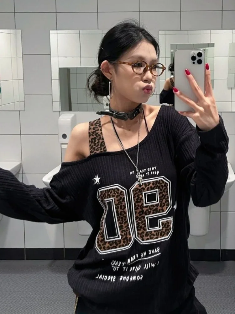 Y2K Patchwork Leopard Print T- - Embroidery 评论和价格