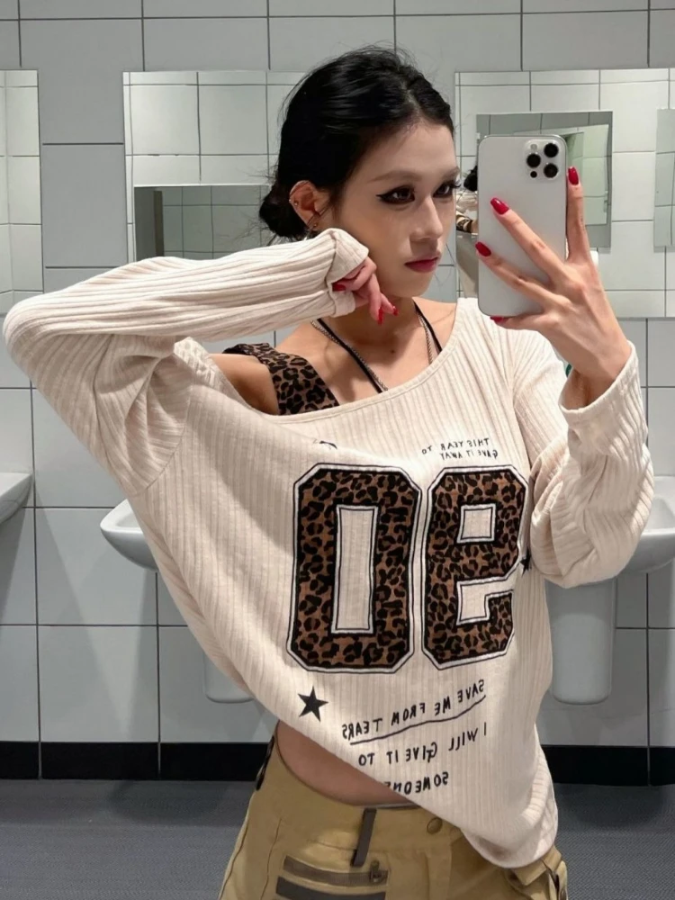 Y2K Patchwork Leopard Print T- - Embroidery 评论和价格